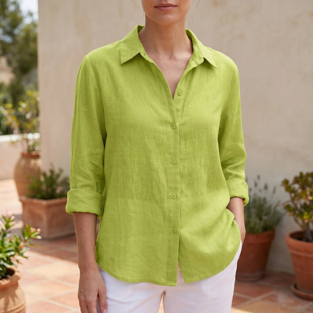Women's casual summer blouse with long roll-up sleeves, button-down, perfect for versatile everyday wear.