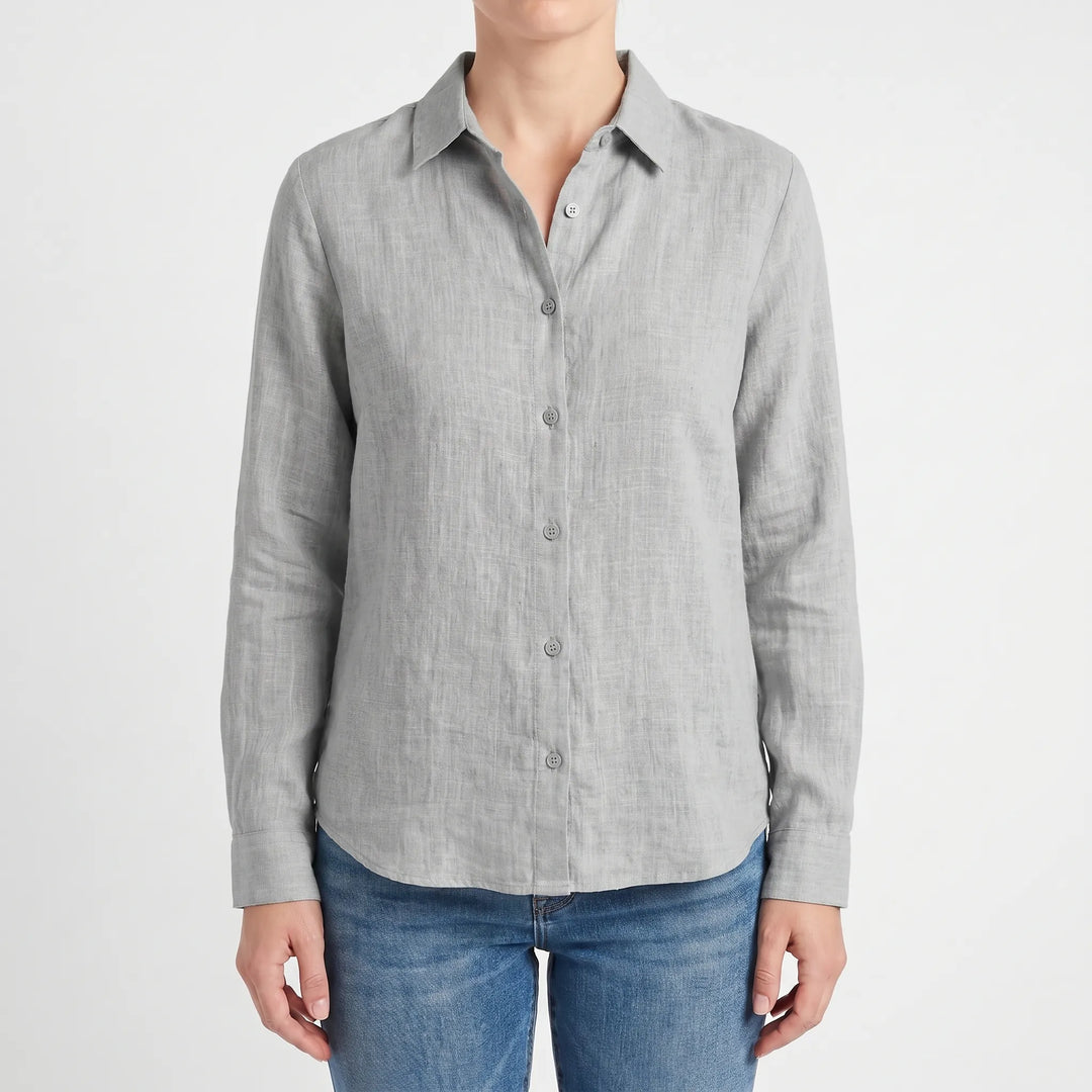 Trendy women's casual summer top with long roll-up sleeves & button-down front, versatile for spring.