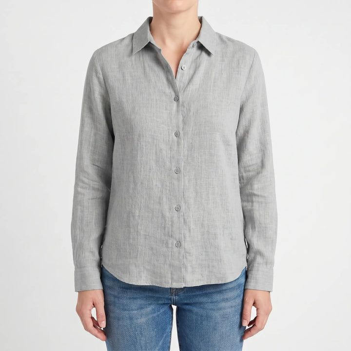 Trendy women's casual summer top with long roll-up sleeves & button-down front, versatile for spring.