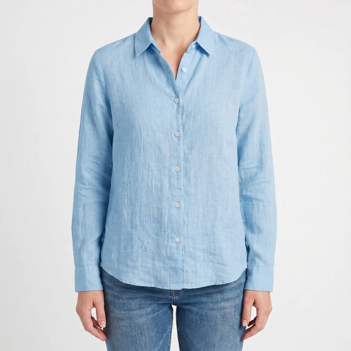 Relaxed fit women's collared summer shirt, button-down & long roll-up sleeves for casual elegance.