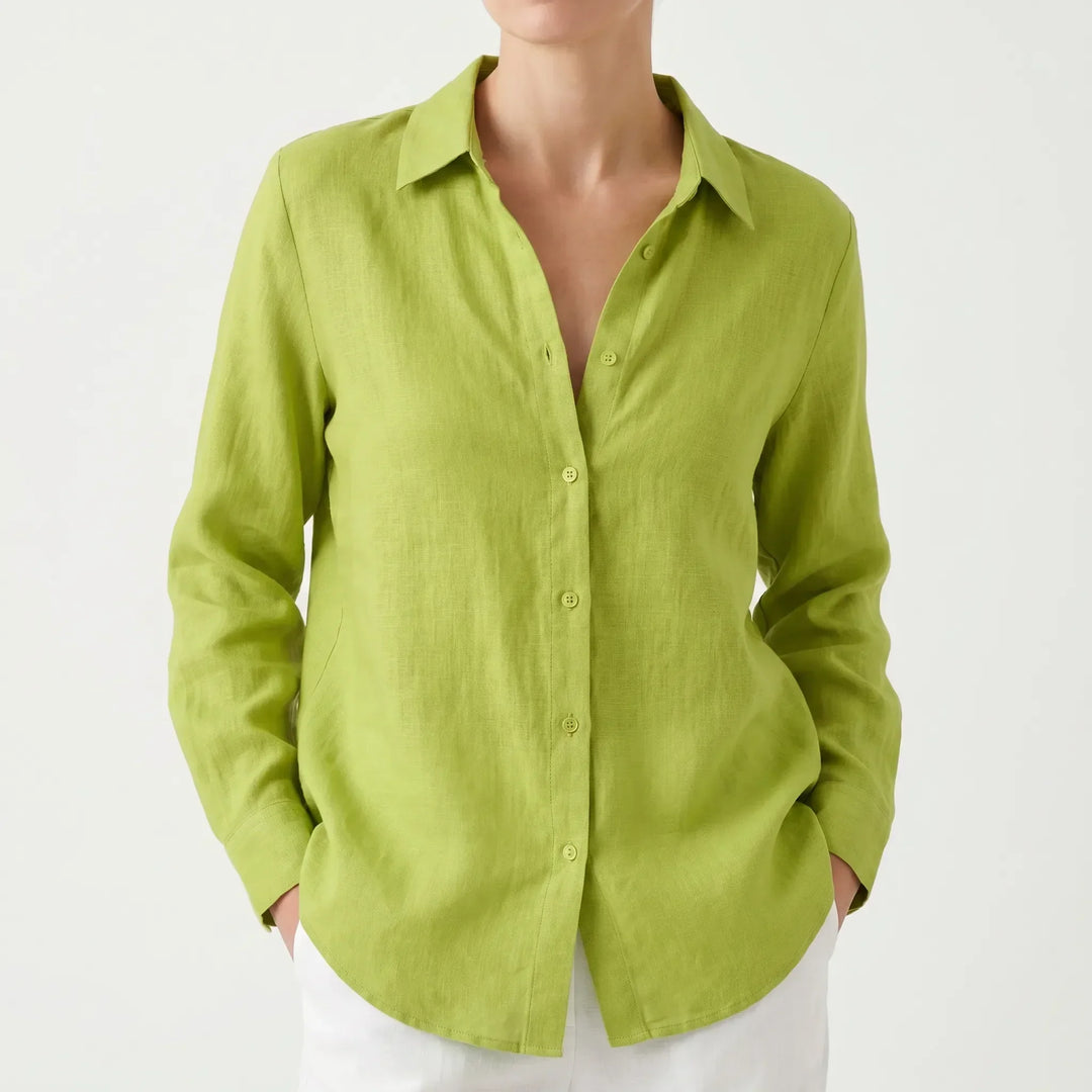 Lightweight women's summer shirt, relaxed fit, button-down with long roll-up sleeves for breathable comfort.