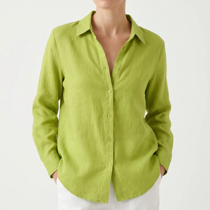 Lightweight women's summer shirt, relaxed fit, button-down with long roll-up sleeves for breathable comfort.
