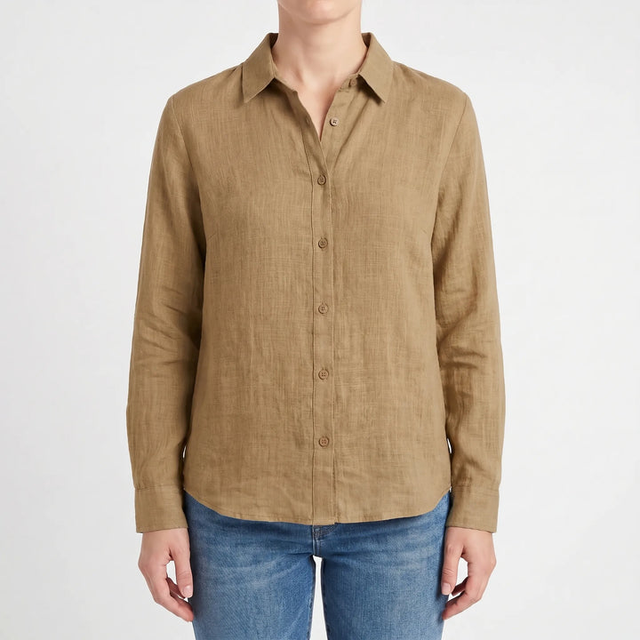 Versatile women's button-down blouse, long roll-up sleeves, great for spring, summer & everyday casual style.