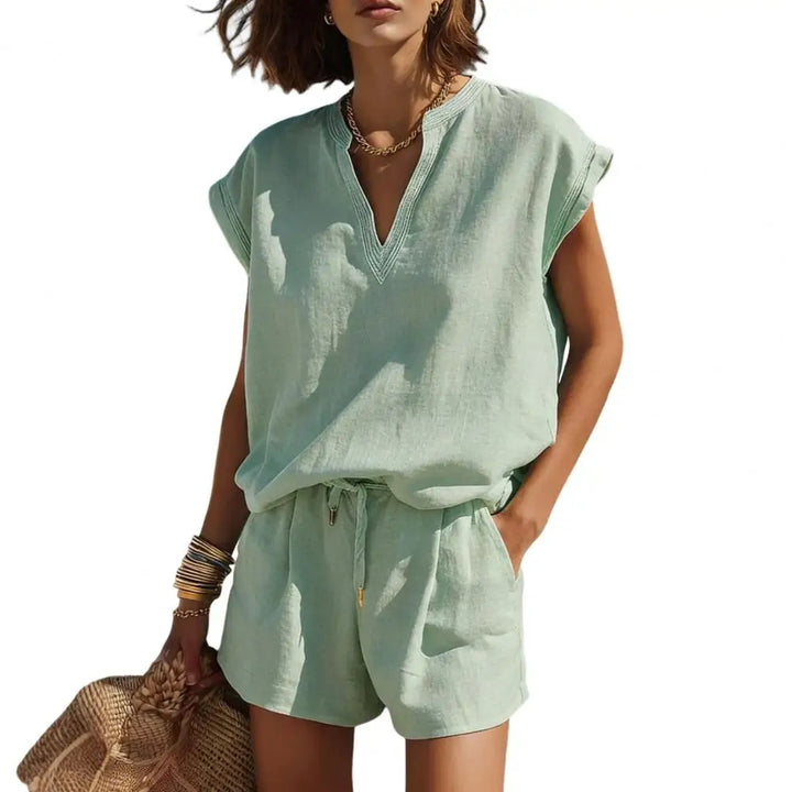 Stylish women's linen look shorts set. Casual V-neck top & comfy drawstring shorts. Ideal summer co-ord for vacation.