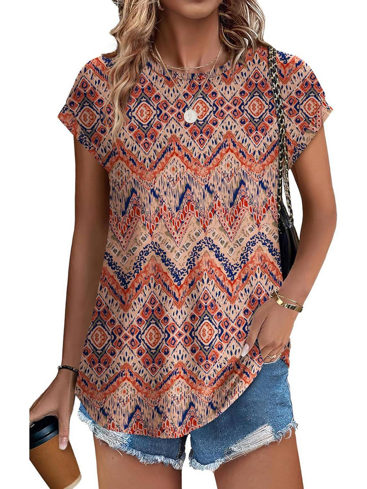 Crew neck women's casual shirt featuring a unique leaf pattern, suitable for daily outfits.