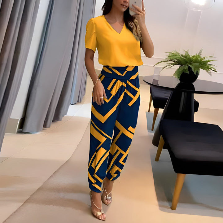 Women's casual two-piece trendy set with V-neck top and matching pants, perfect for spring loungewear.