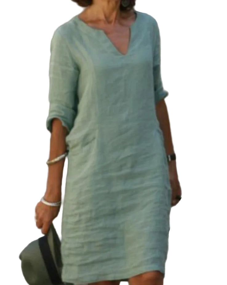 Women's casual V-neck midi dress with relaxed fit, perfect for summer everyday wear.