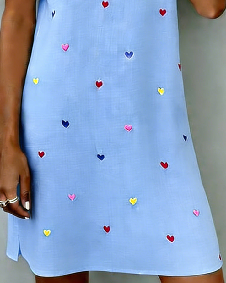 Everyday women's casual dress: V-neck, puff sleeves, lovely heart print. Comfortable & versatile mini dress.