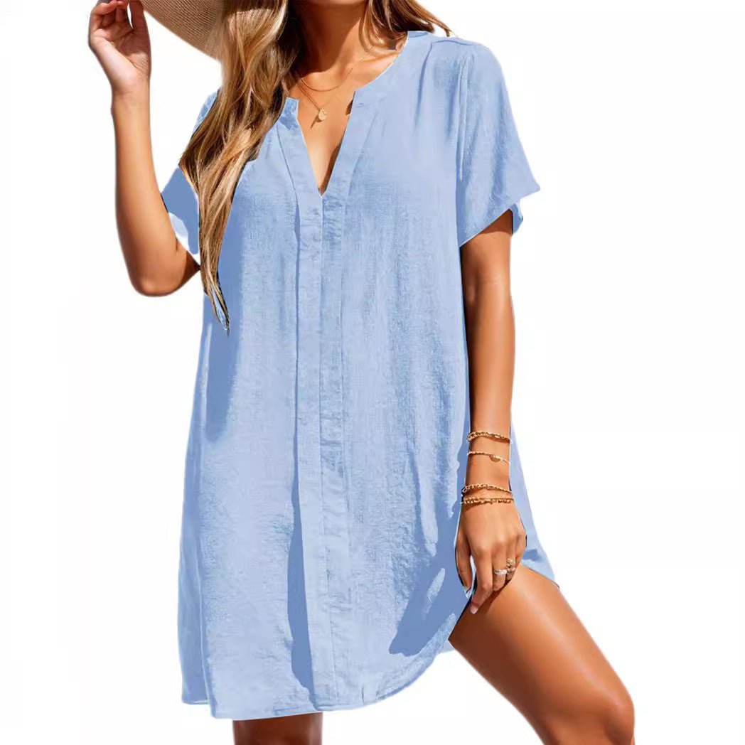 Women's shift style casual V-neck sundress, a versatile beach cover-up and effortless summer look.