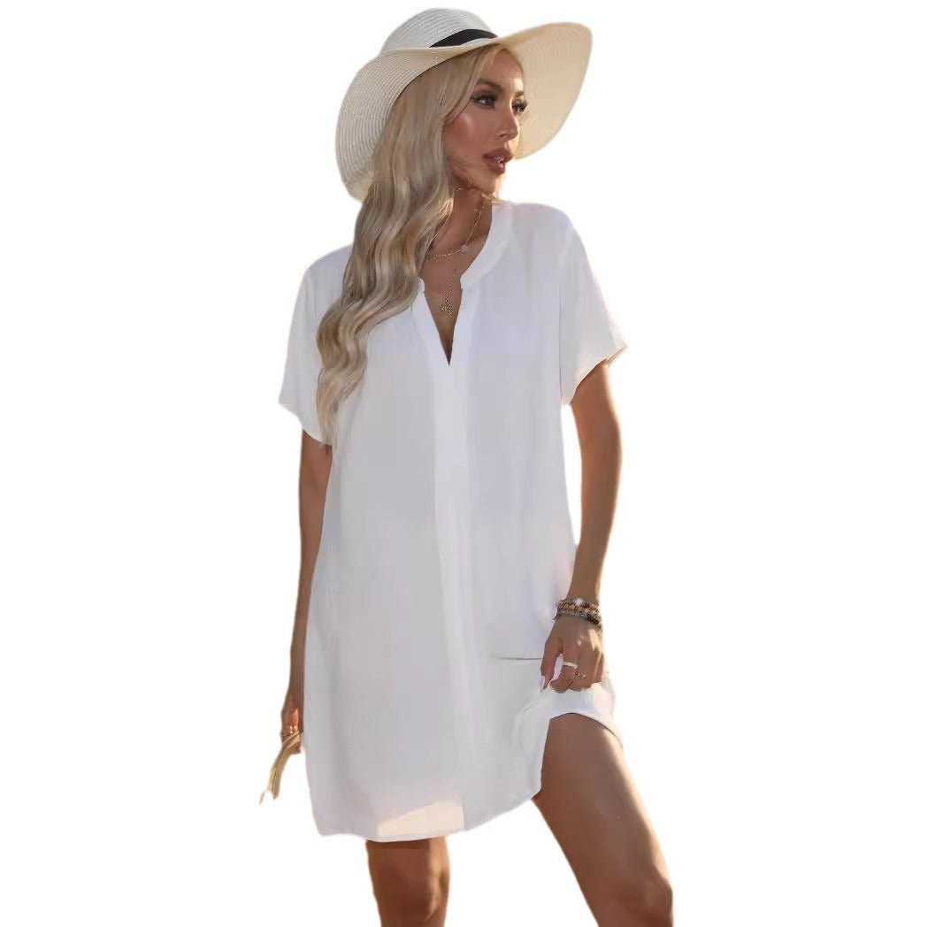 Short sleeve V-neck sundress for women, offering a comfortable relaxed fit for warm weather.