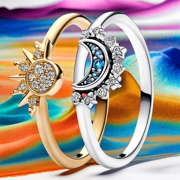 Elegant women's sparkling sun & moon ring, perfect celestial jewelry gift idea. Silver-tone fashion accessory.
