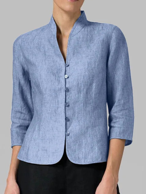 Women's chic 3/4 sleeve button-front blouse in relaxed fit, perfect for versatile casual chic and office wear.