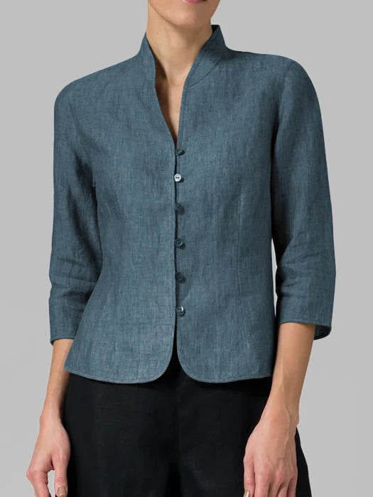 Effortless style women's minimalist top with 3/4 sleeves and button front, ideal for everyday and office fashion.