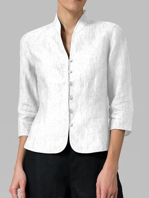 Elegant women's 3/4 sleeve button blouse, a stylish minimalist top for both casual outings and professional settings.