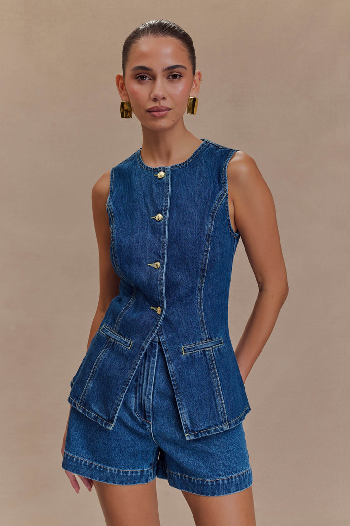 Women's chic blue denim two-piece set, trendy and comfortable for a casual outfit.