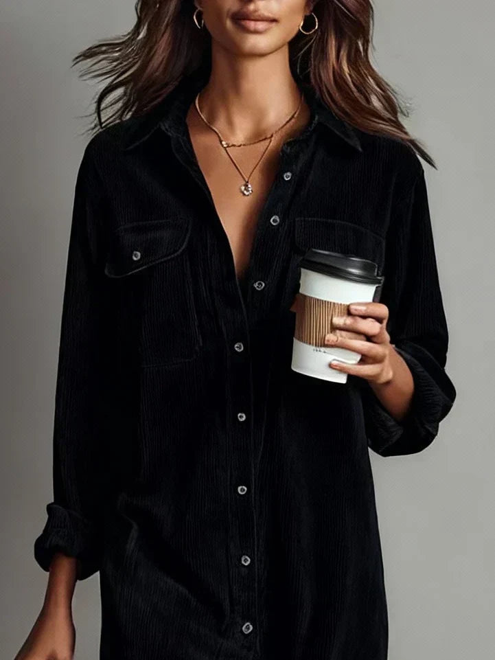 Model wearing a relaxed fit long sleeve button-down midi shirt dress for women, perfect for casual everyday wear.