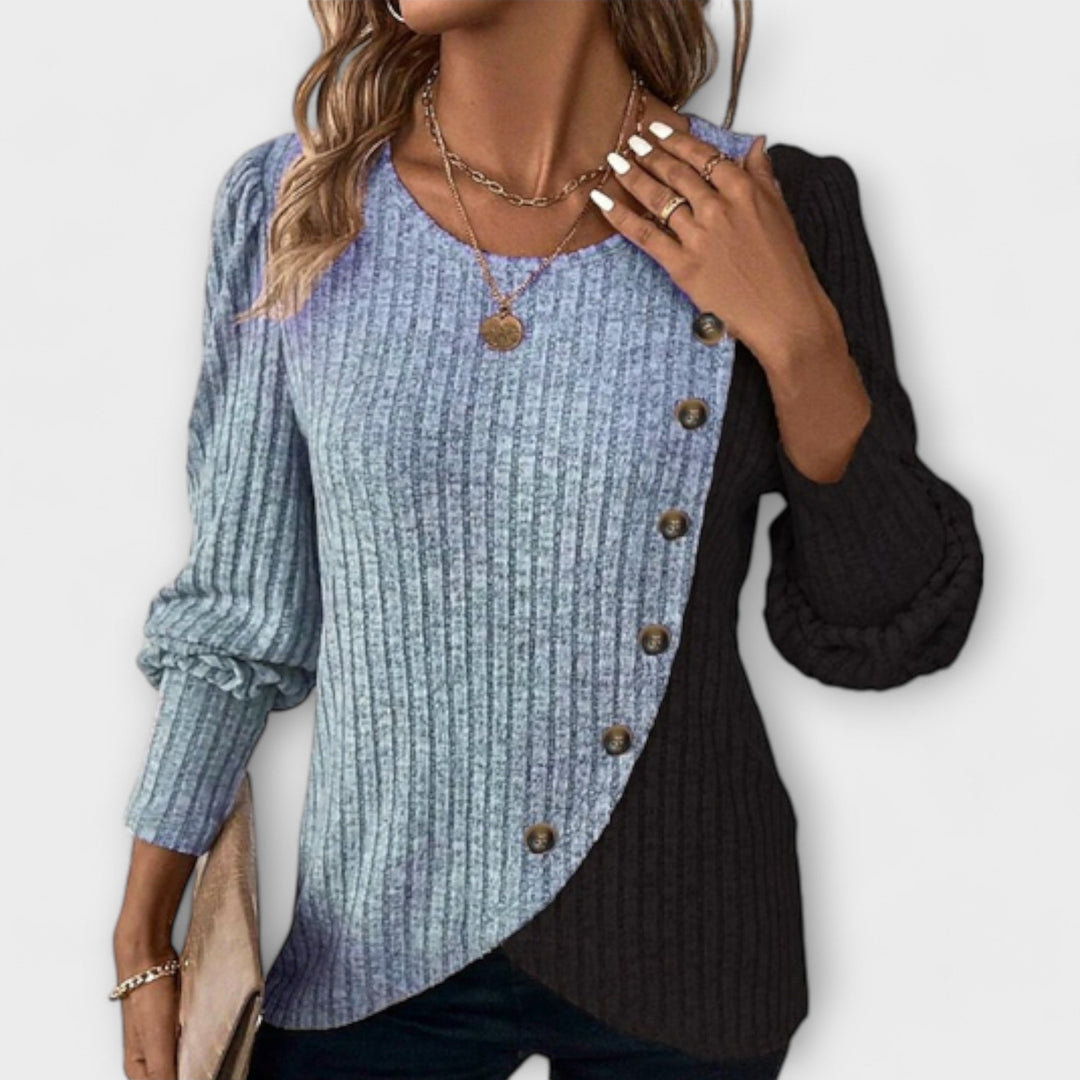 Elegant women's colorblock blouse with stylish asymmetric hem. Perfect versatile long sleeve top for modern fashion.