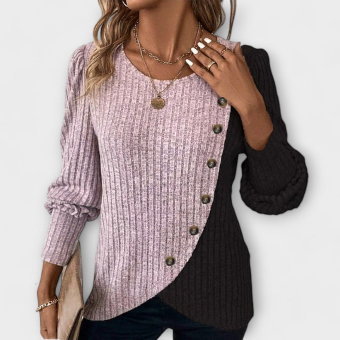 Modern women's long sleeve colorblock blouse. This chic and versatile top is ideal for both office & casual wear.