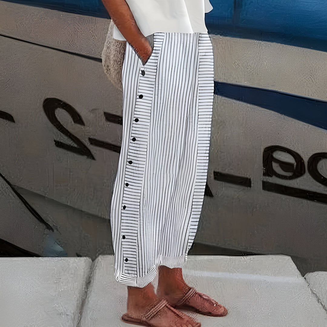 Versatile women's cropped trousers featuring modern stripe & button accents, ideal for both casual and workwear.