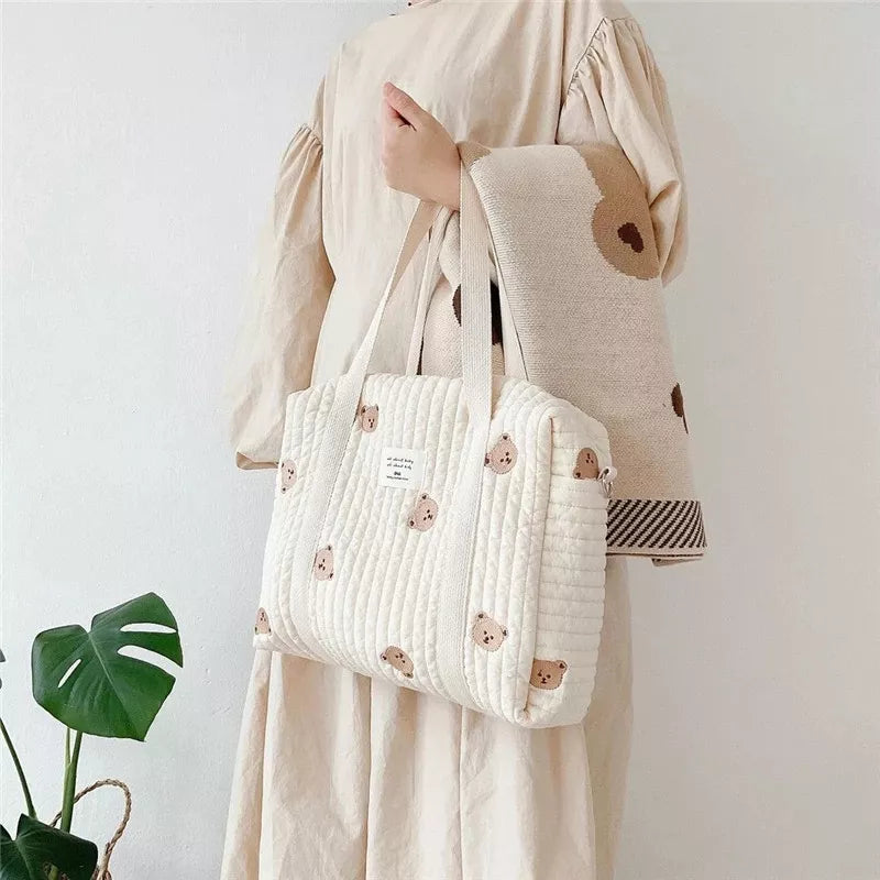 Bear & tulip print embroidered hobo diaper bag, cotton, a stylish choice for all newborn necessities.