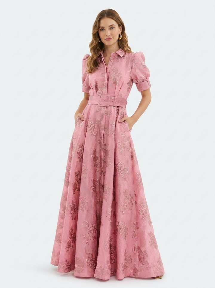 Women's chic floral maxi wedding guest dress with collar & puff sleeves. Elegant formal attire for special occasions.