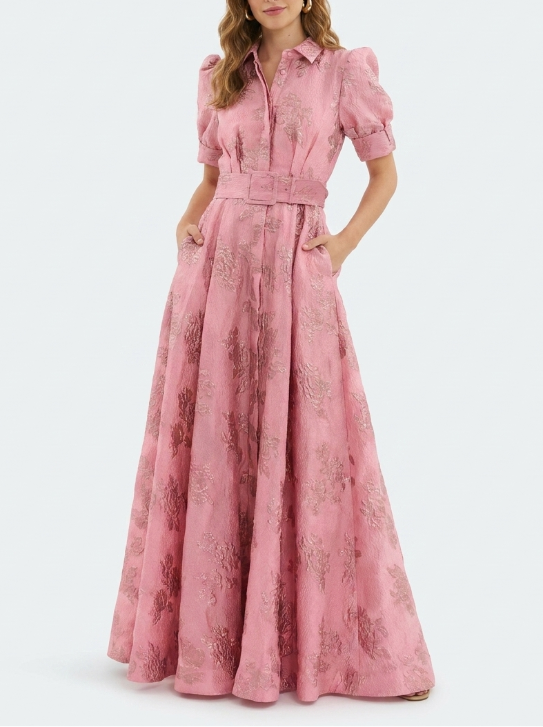 Elegant women's collared floral maxi dress, perfect as a wedding guest outfit or for formal party wear.