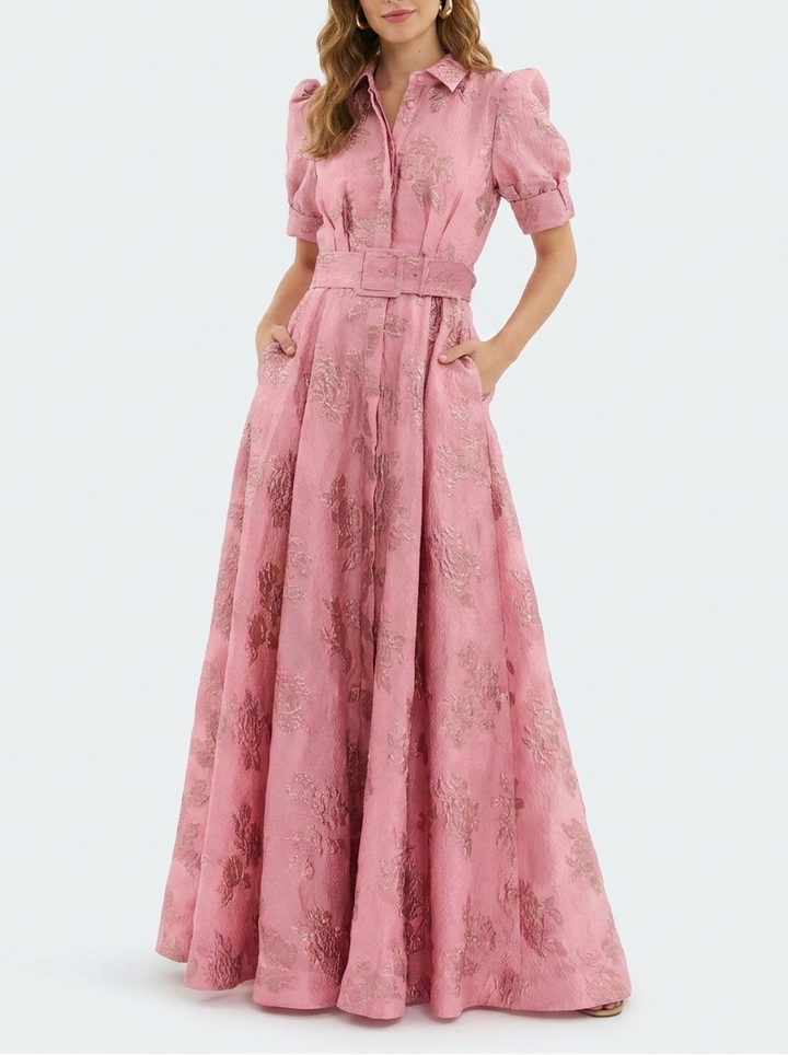 Elegant women's collared floral maxi dress, perfect as a wedding guest outfit or for formal party wear.
