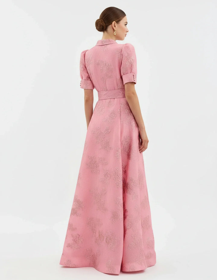 Beautiful women's floral maxi dress featuring a chic collar & stylish puff sleeves, ideal for wedding guests.
