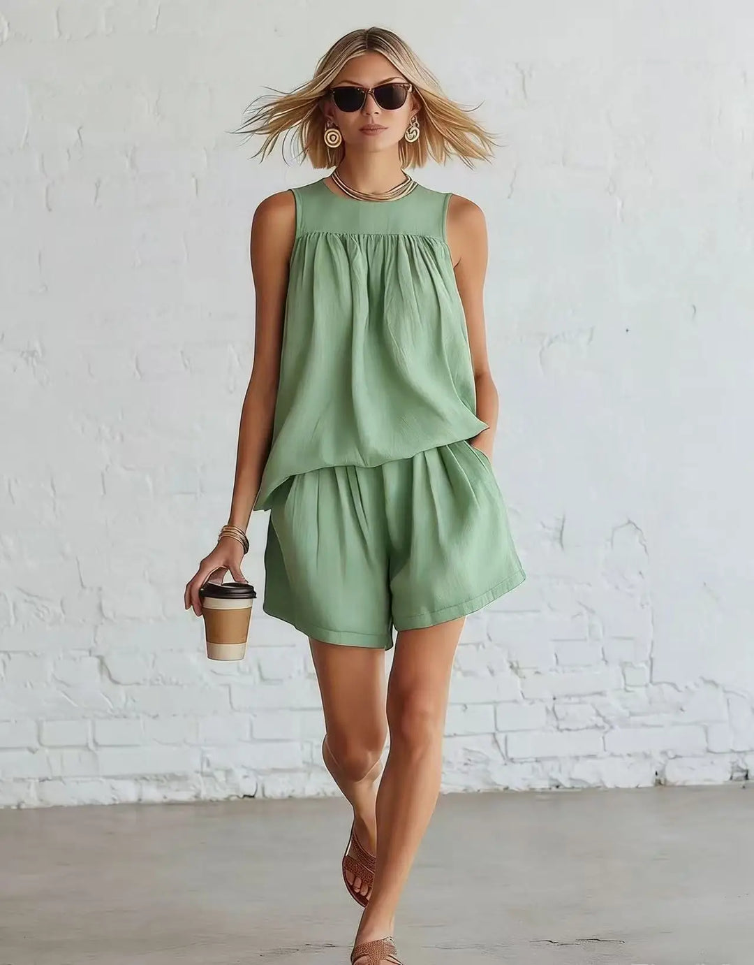 Comfortable women's two-piece shorts set. Relaxed fit gathered top & high-waisted shorts for vacation/brunch.