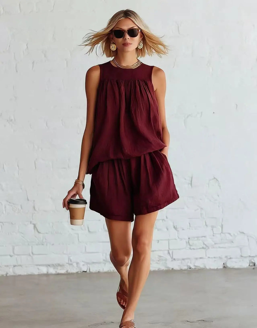 Women's casual two-piece shorts set with gathered top. Ideal for summer, vacation, or a relaxed brunch outfit.