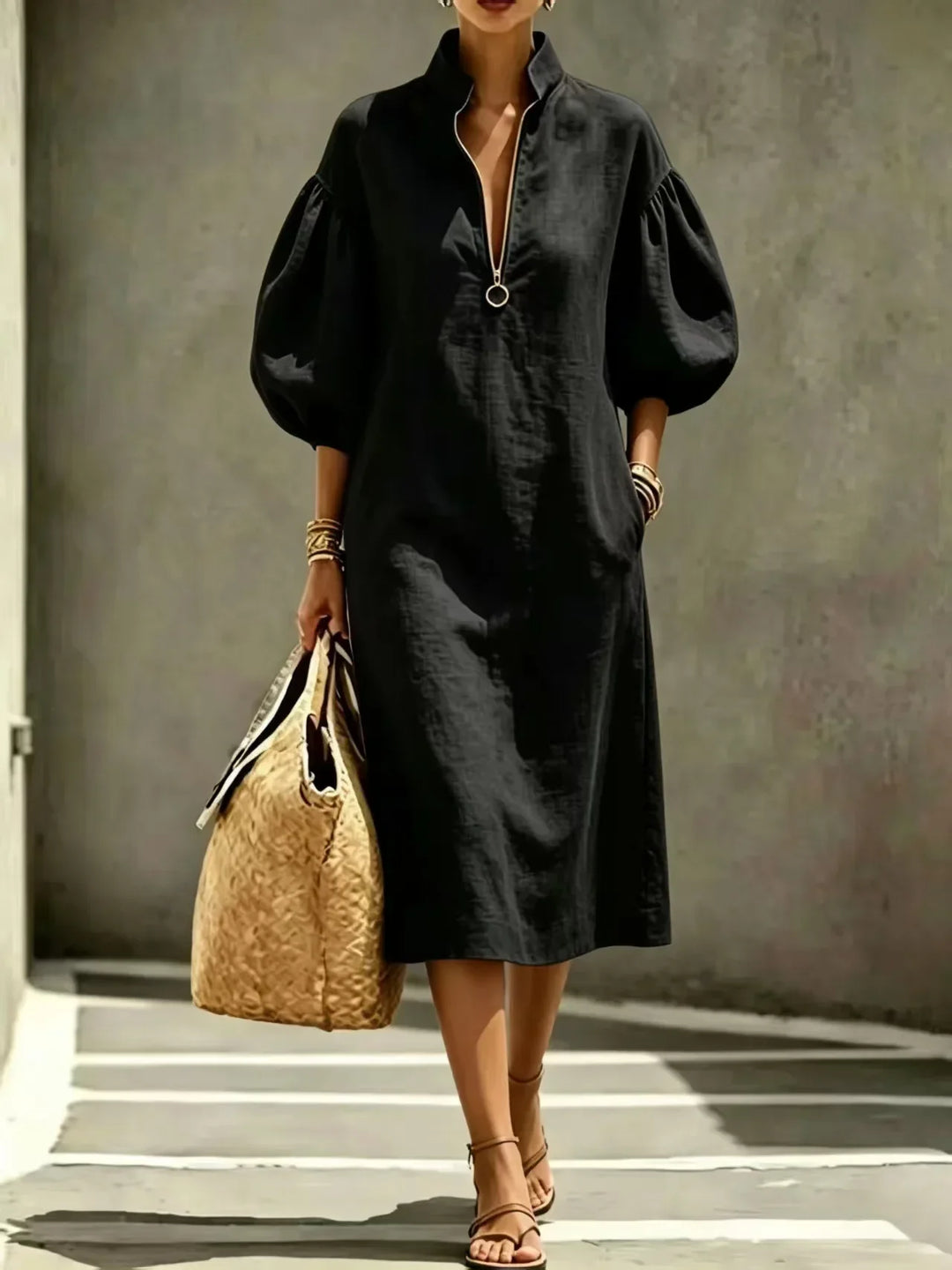 Relaxed fit women's midi dress, stylish half-zip design with bubble sleeves, ideal for versatile everyday wear.