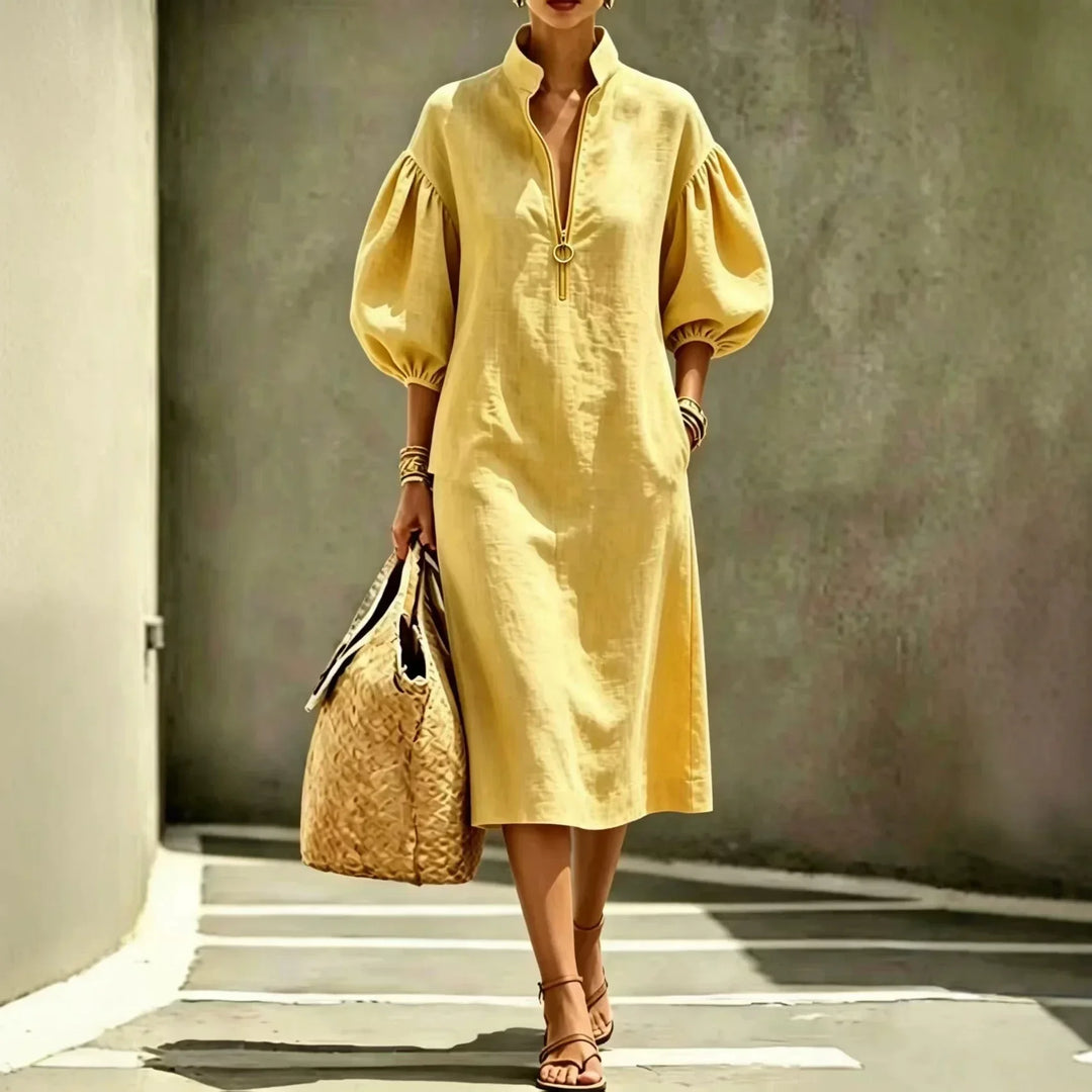 Versatile women's midi dress, half-zip front and bubble sleeves, a casual chic essential for spring & summer.