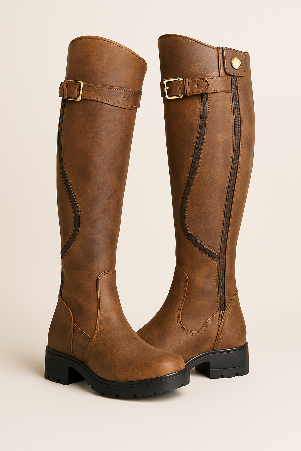 Women's chic knee-high riding boots with a stylish gold buckle and durable lug sole. Perfect for fall/winter fashion.
