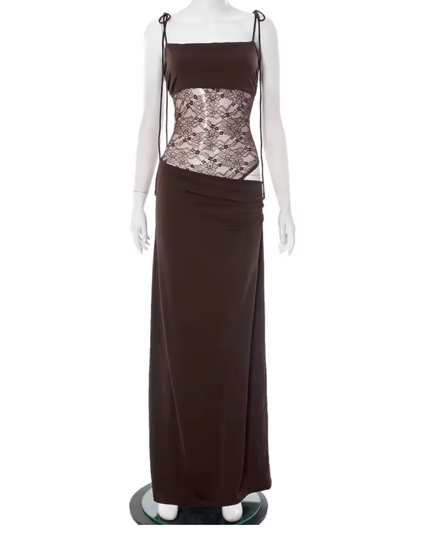 Long lace square-neck dress for women, a chic maxi wedding guest or special occasion outfit.