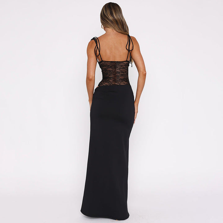 Sophisticated lace maxi wedding guest dress with a square neck and delicate tie straps.