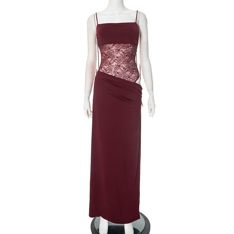 Women's wedding guest attire: elegant lace maxi dress, square neck, tie strap details.
