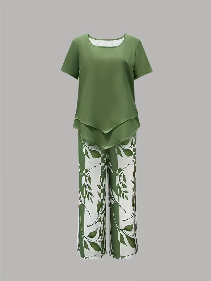 Stylish women's botanical two-piece set featuring a trendy leaf print, perfect for summer fashion.