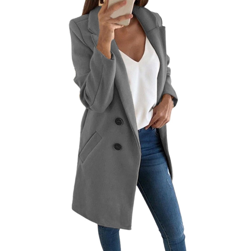 Sophisticated women's long blazer jacket, a chic fashion coat for elegant fall winter style.