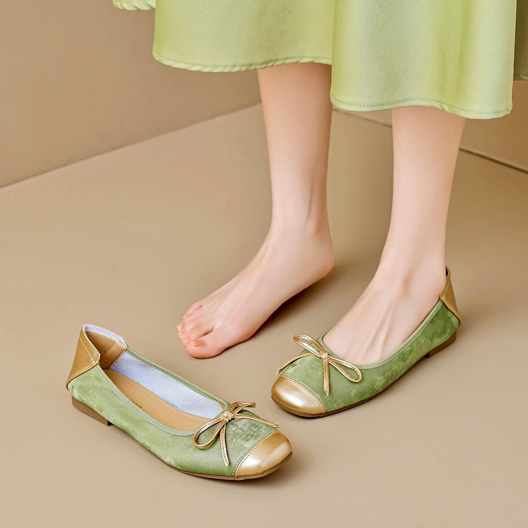 Modern square toe ballet flats with a cute bow for women. Stylish, comfortable slip-on shoes, great for any occasion.