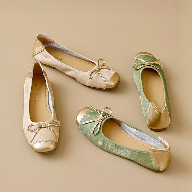 Comfortable women's square toe ballet flats. Stylish slip-on design with a cute bow for daily wear.