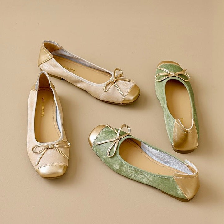 Comfortable women's square toe ballet flats. Stylish slip-on design with a cute bow for daily wear.