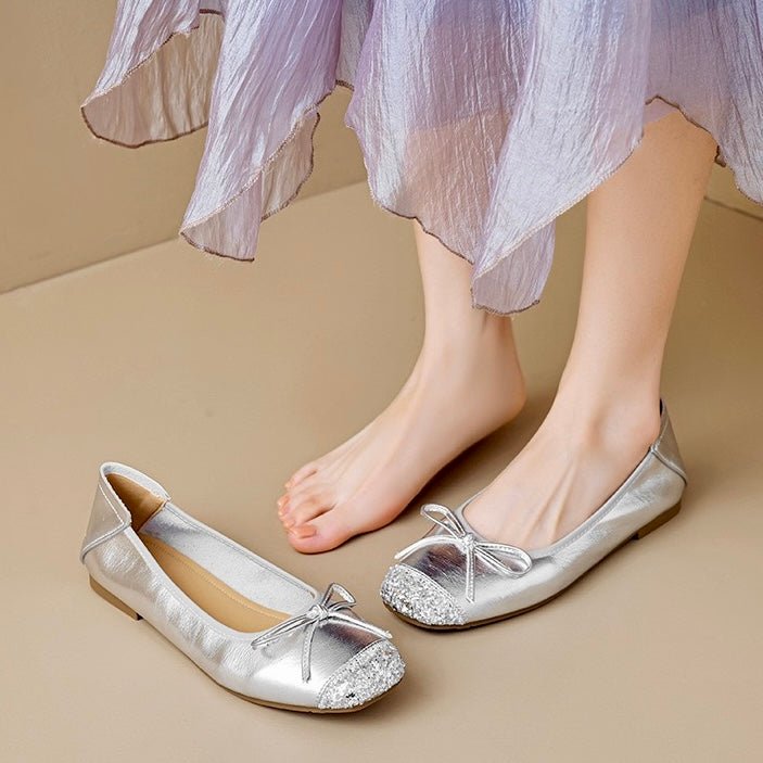 Elegant gold square toe ballet flats for women. Chic slip-on shoes with a lovely bow, perfect for dressy or casual.