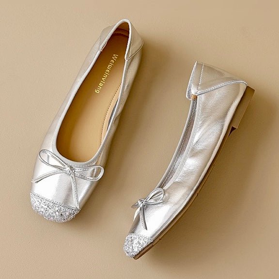 Stylish silver women's square toe ballet flats. Comfortable slip-on shoes with a delicate bow detail for everyday.