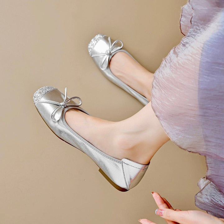 Olive green square toe ballet flats. Chic women's everyday shoes with a stylish bow, comfortable for all-day wear.