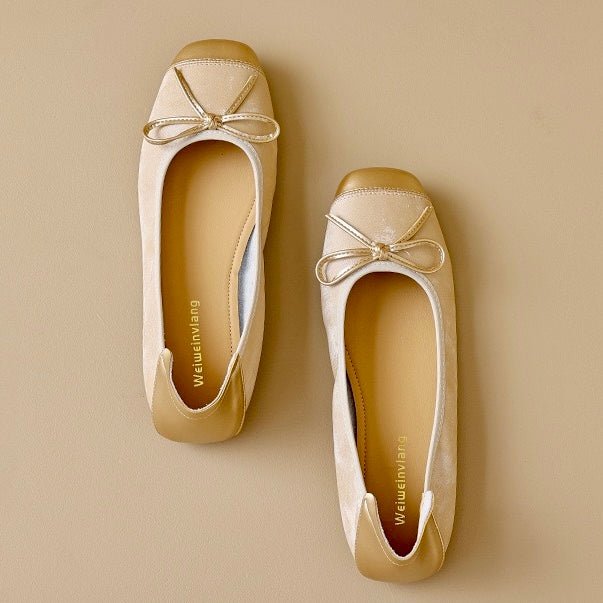 Stylish slip-on women's square toe ballet flats. Features a charming bow, perfect for everyday elegant footwear.