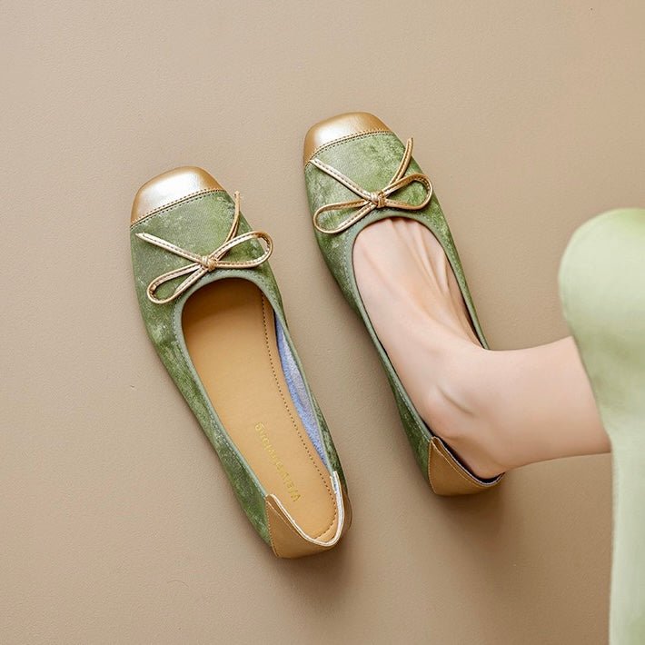 Comfortable women's square toe ballet flats with a chic bow. Great everyday or dress flats for elegant style.
