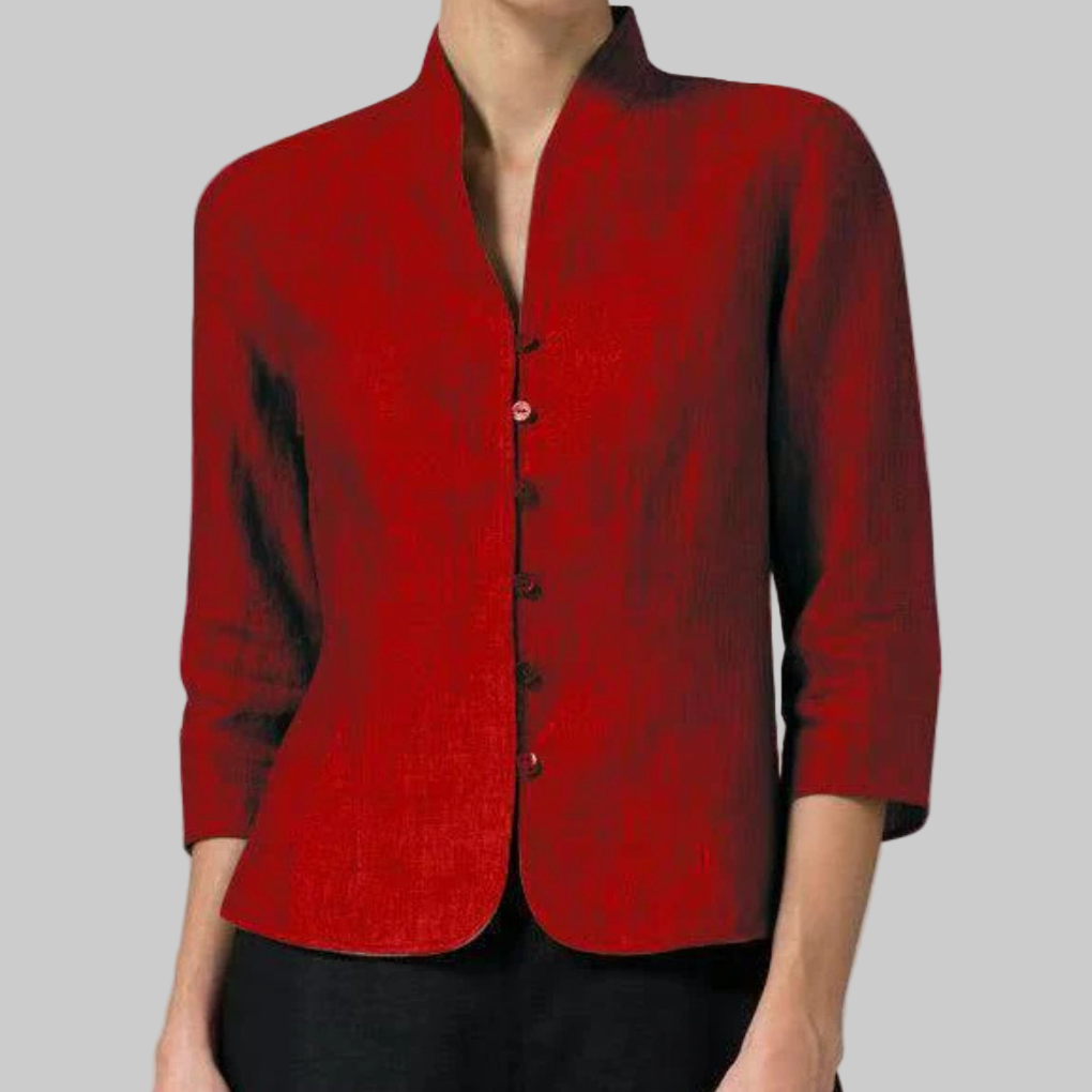 Professional women's stand collar blouse with three-quarter sleeves. Elegant button-down shirt for work or stylish casual wear.