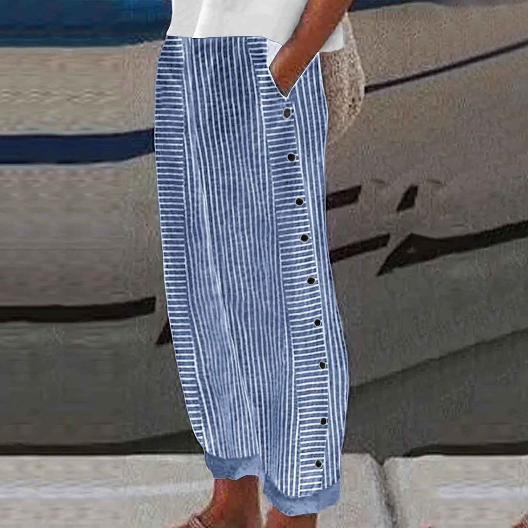 Comfortable, relaxed fit women's striped pants with stylish button details for casual wear.
