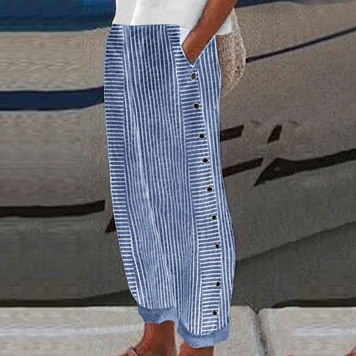 Comfortable, relaxed fit women's striped pants with stylish button details for casual wear.