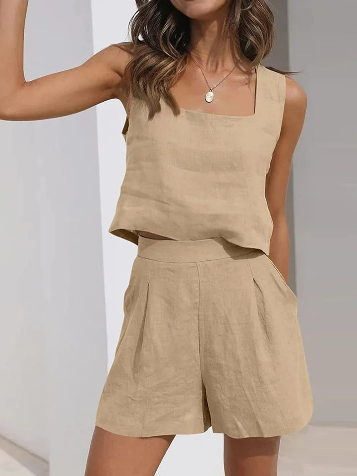 Women's chic summer lounge matching crop top & shorts set, perfect for beachwear & casual vacation outfits.